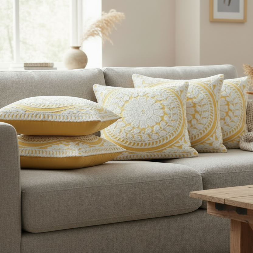 Elegant White & Gold Embroidered Cushion Cover | Textured Mandala Pillow Cover