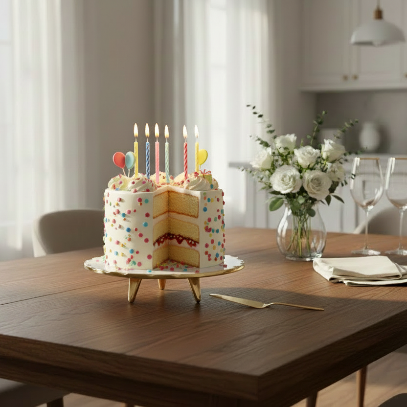 Decorative cake with candles on a wooden table in a kitchen setting