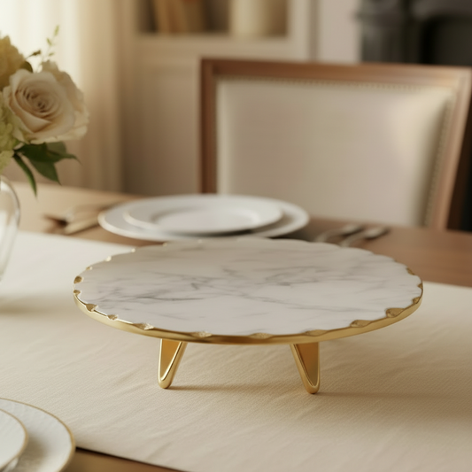 Marble-patterned plate with gold rim on a table setting