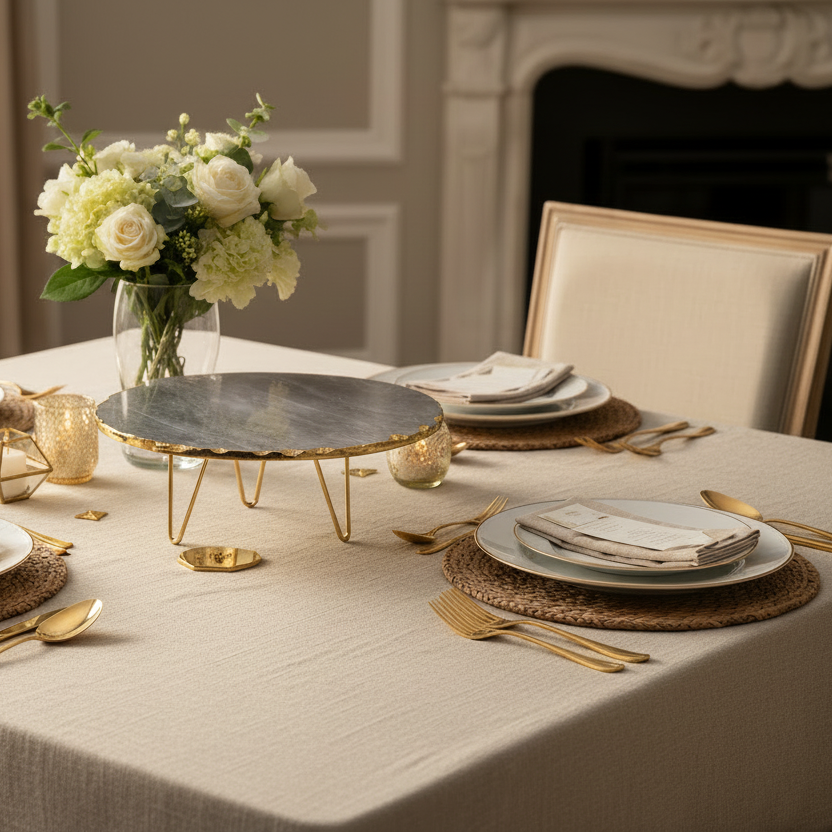 Elegant table setting with floral arrangement, candles, and gold cutlery in a formal dining room.