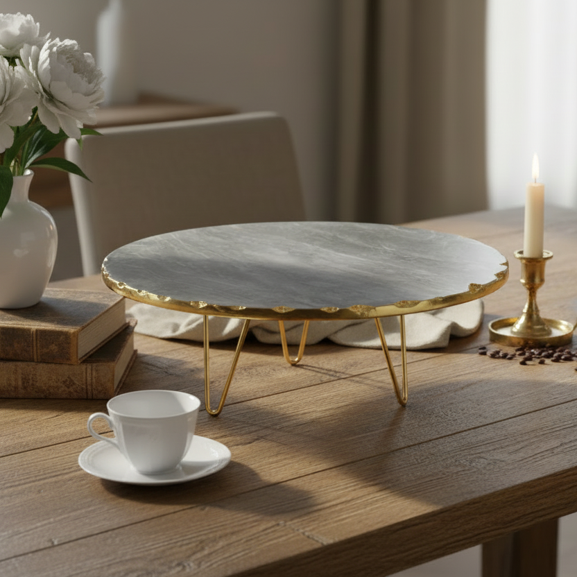 Decorative setting on a wooden table with a marble cake stand, white flowers, and a cup.