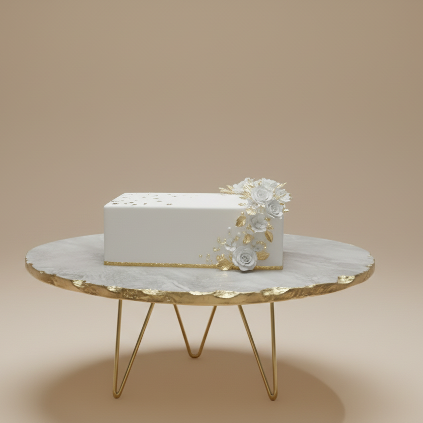 Decorative cake with white flowers on a round gold table against a beige background