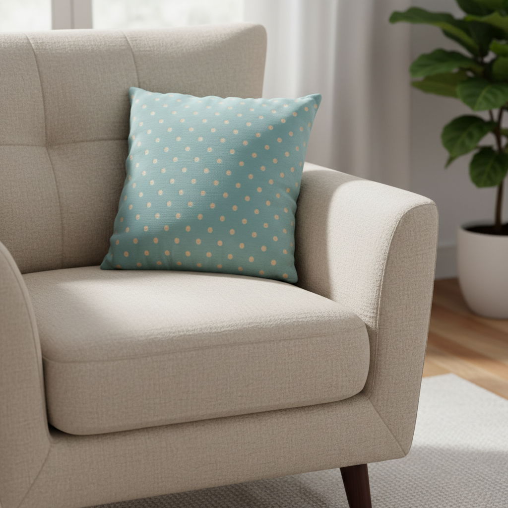 Beige armchair with a blue pillow featuring gold polka dots in a room with a plant and curtains.