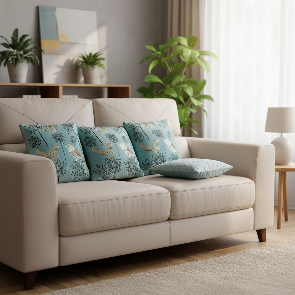 Set of decorative pillows with bird and floral patterns on a beige sofa.