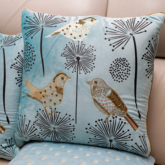 Serene Light Blue Velvet Embroidered Cushion Cover | Bird & Dandelion Art Pillow Cover (Set of 5)