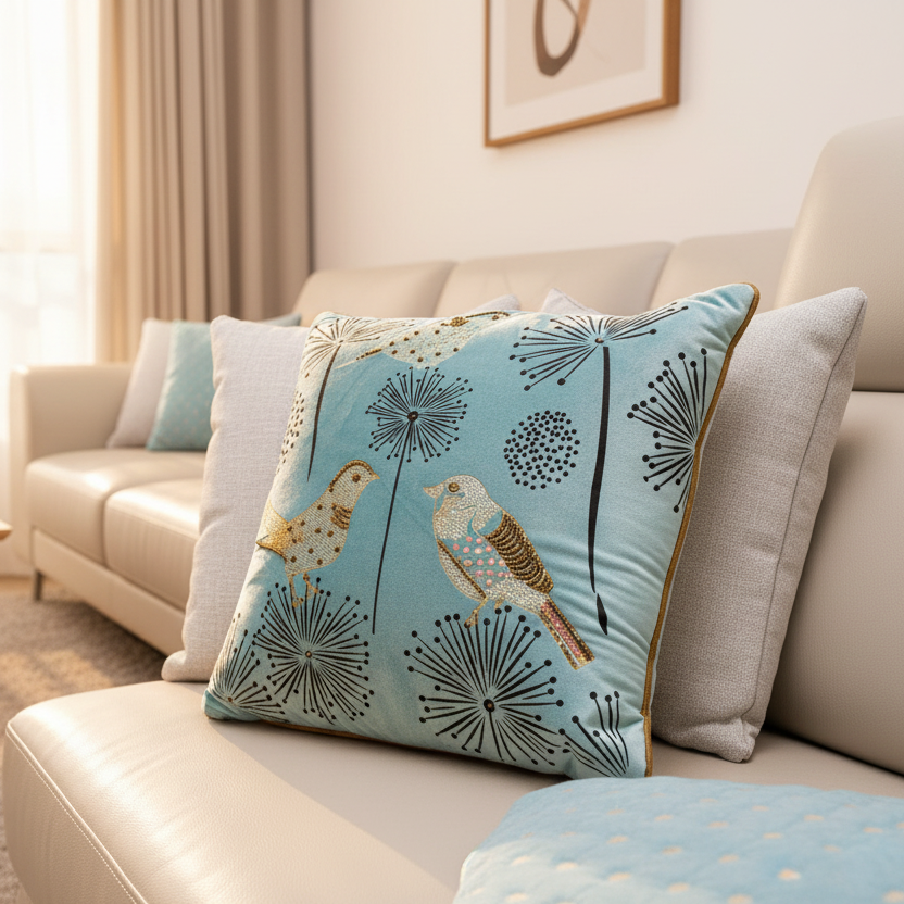 Serene Light Blue Velvet Embroidered Cushion Cover | Bird & Dandelion Art Pillow Cover (Set of 5)