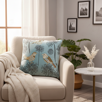 Serene Light Blue Velvet Embroidered Cushion Cover | Bird & Dandelion Art Pillow Cover (Set of 5)