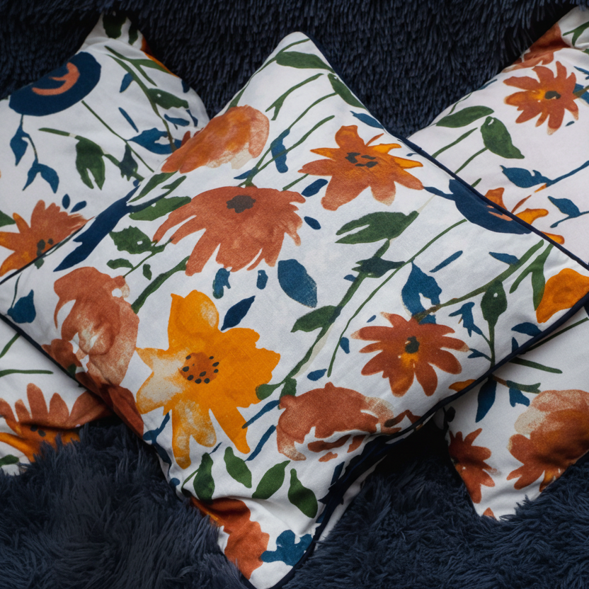 Floral patterned pillows with orange flowers on a dark fabric background