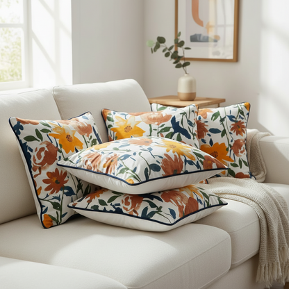 Chic White Floral Print Pillow Cover (Set of 5)