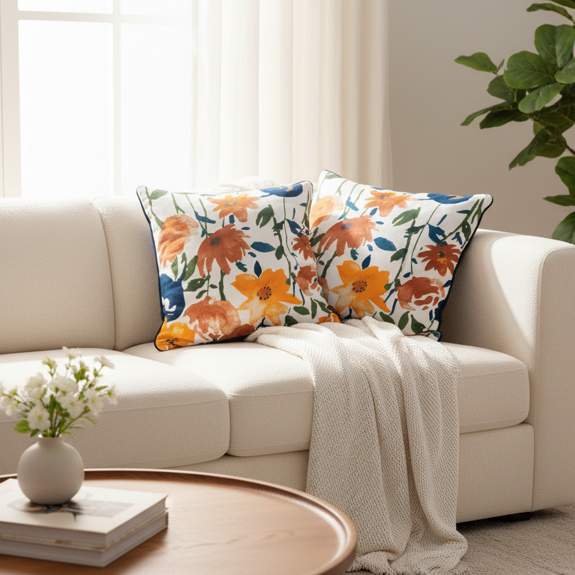 Beige sofa with floral cushions and a plant in a bright living room.