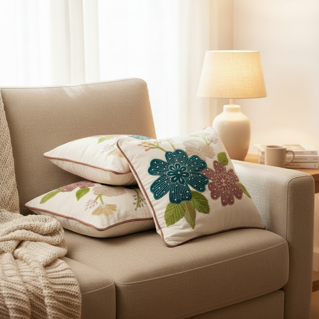 Beige sofa with floral-patterned cushions and a lamp in a cozy living room.