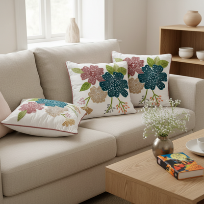 Beige sofa with floral-patterned cushions in a living room setting.
