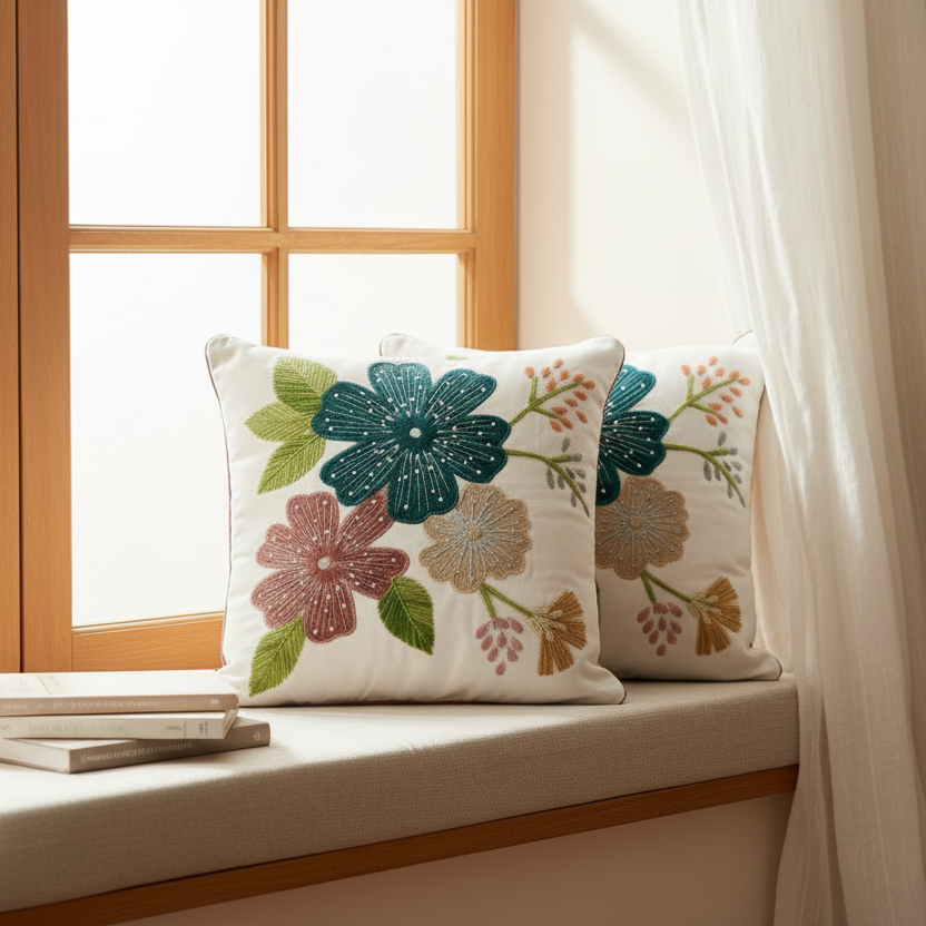 Floral-patterned cushions on a window sill with a wooden frame and white curtains.
