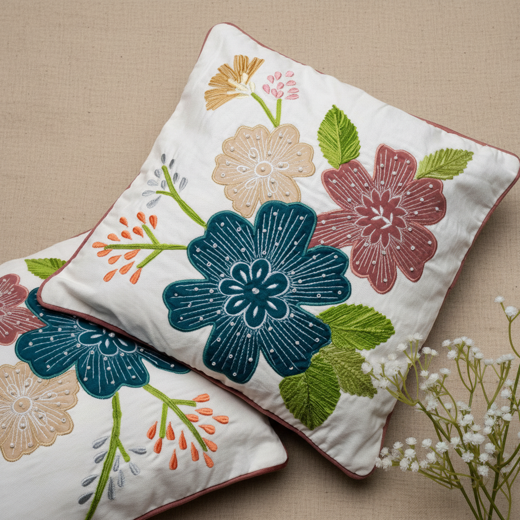 Floral embroidered cushions on a beige fabric background