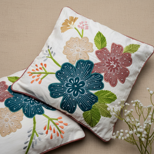 Floral embroidered cushions on a beige fabric background