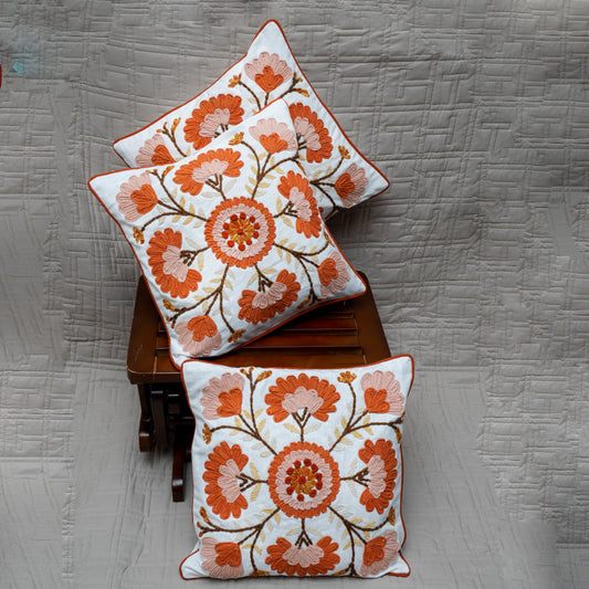 Vibrant Orange Floral Medallion Embroidered Pillow Cover