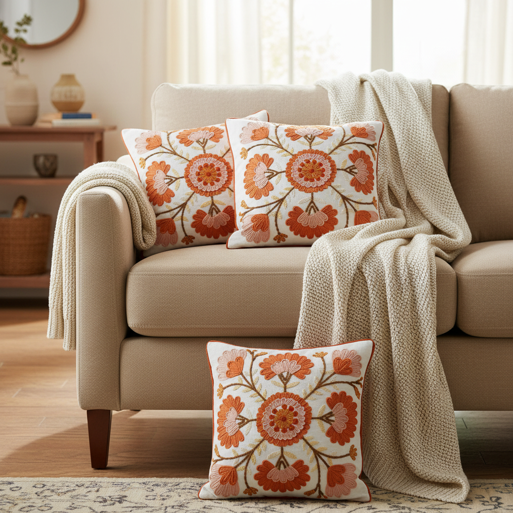 Beige sofa with floral-patterned pillows and a blanket in a living room setting.