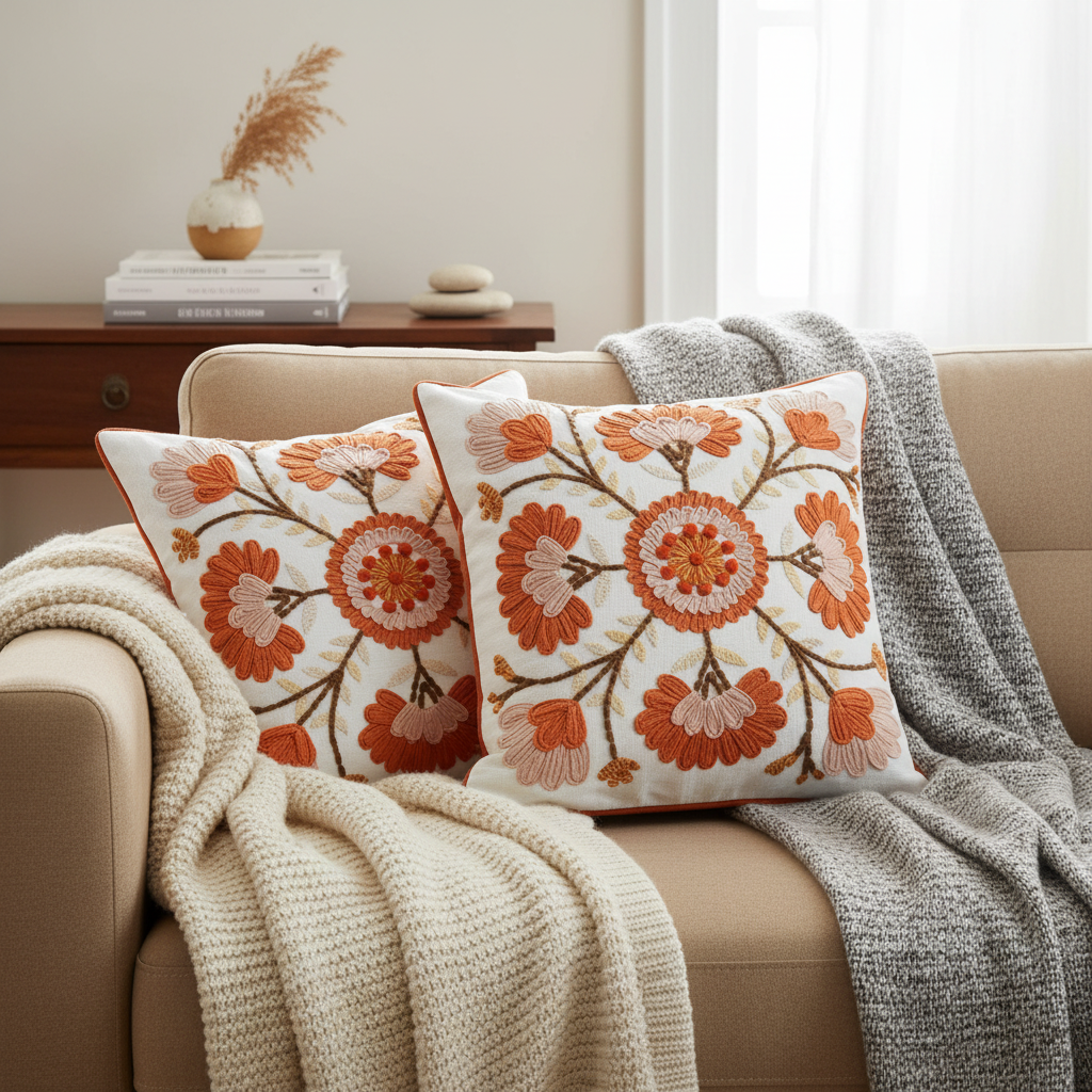 Decorative pillows with floral patterns on a couch in a cozy living room.