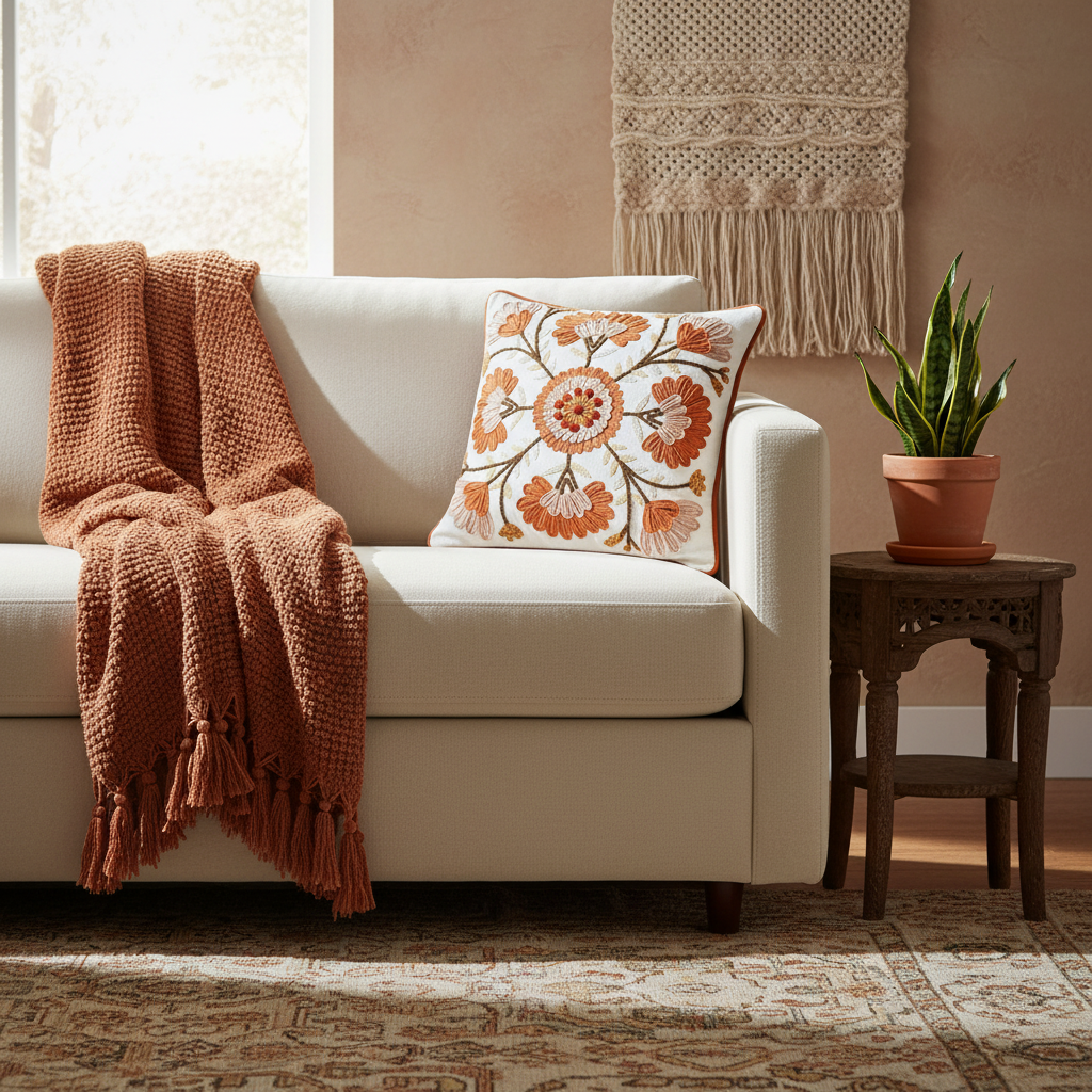 Cozy living room with a beige sofa, orange throw blanket, and decorative pillow.