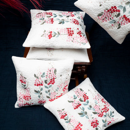 Elegant White Quilted & Embroidered Floral Cushion Cover | Spring Bloom Decor (Set of 2)