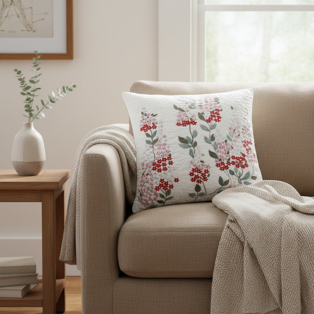 Decorative pillow with floral pattern on a beige sofa in a living room setting.