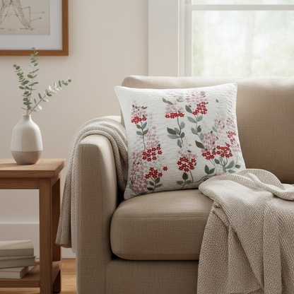 Decorative pillow with floral pattern on a beige sofa in a living room setting.