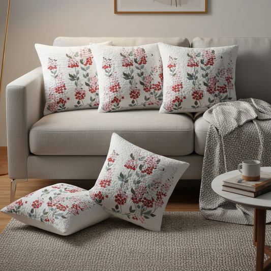 Floral patterned cushions on a sofa in a living room setting