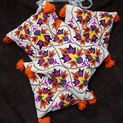 Bohemian Chic White Embroidered Cushion Cover | Vibrant Floral with Tassels (Set of 2)