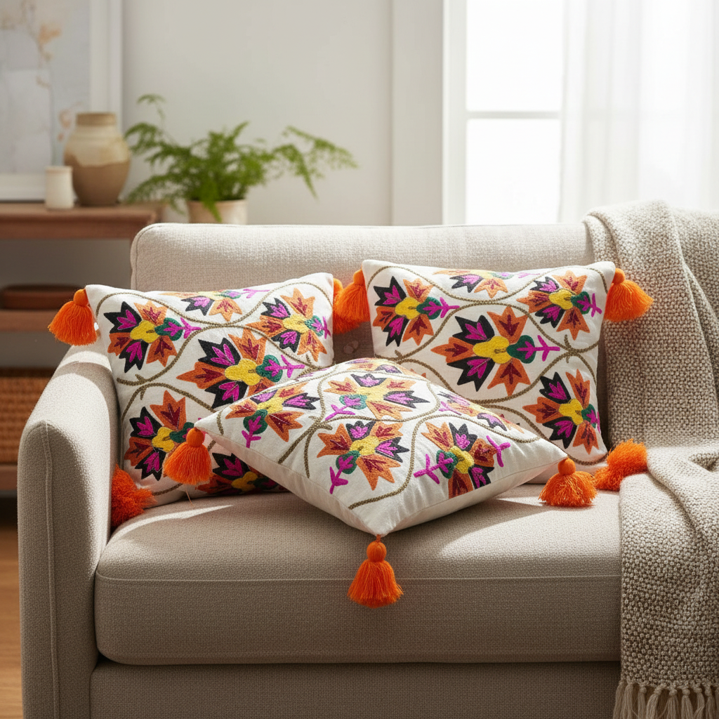 Bohemian Chic White Embroidered Cushion Cover | Vibrant Floral with Tassels (Set of 2)