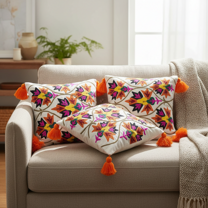 Bohemian Chic White Embroidered Cushion Cover | Vibrant Floral with Tassels (Set of 2)