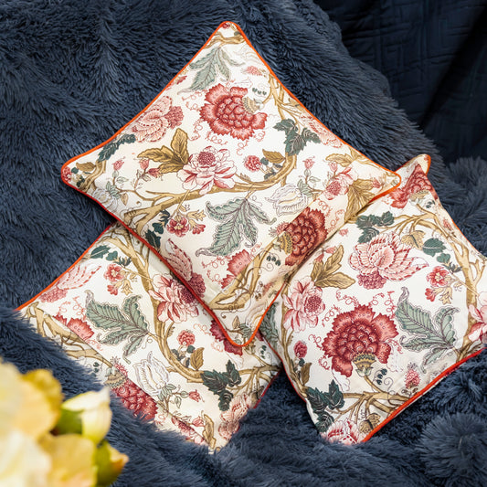 Red Floral Print Pillow Cover |Vintage Botanical Accent   Cushion Cover (Set of 5)