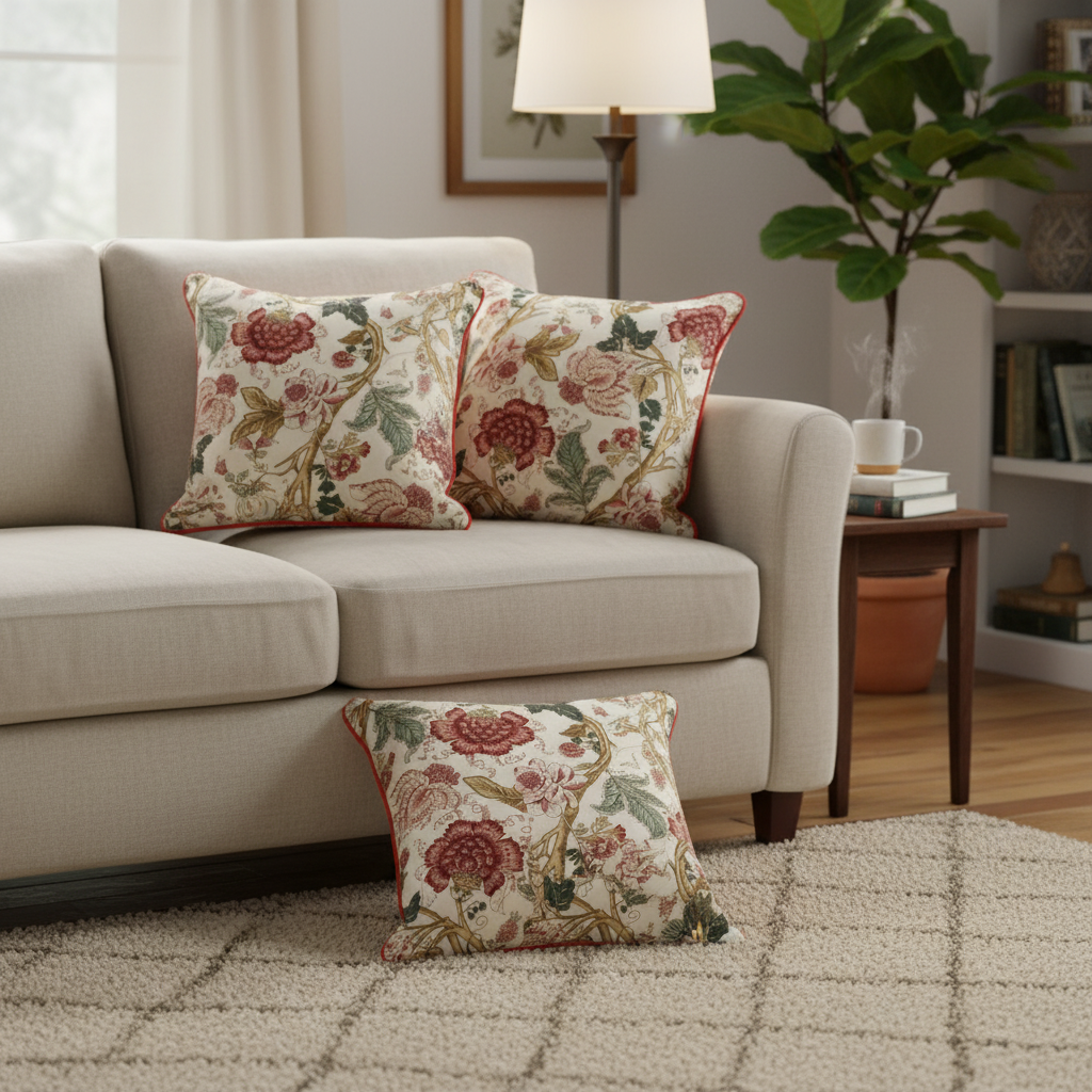 Beige sofa with floral-patterned cushions in a living room setting.