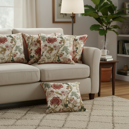 Beige sofa with floral-patterned cushions in a living room setting.