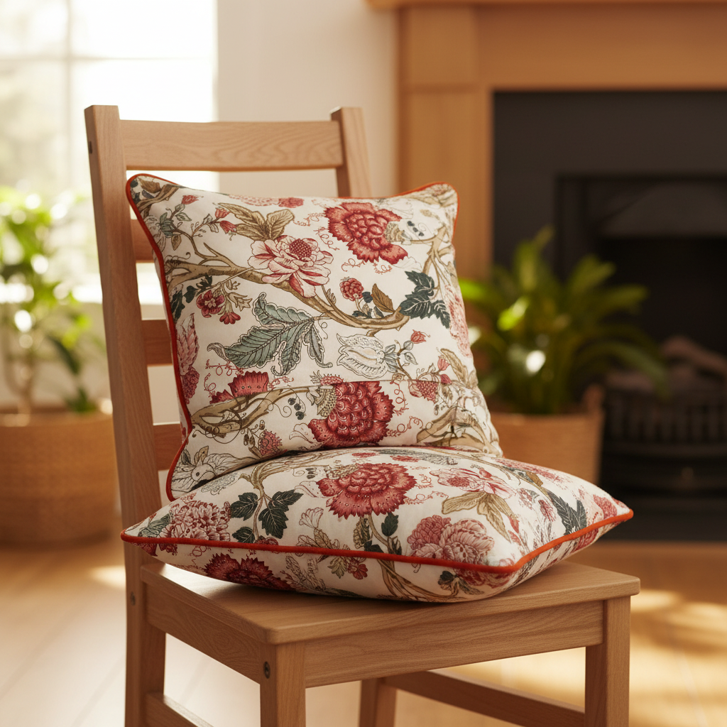 Floral patterned cushions on a wooden chair with a fireplace and plants in the background