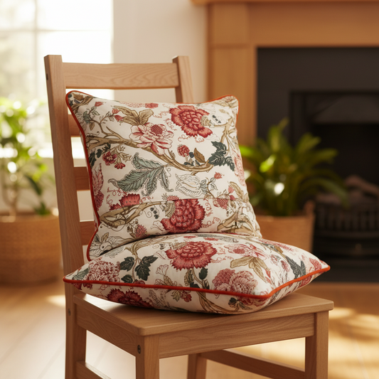 Floral patterned cushions on a wooden chair with a fireplace and plants in the background
