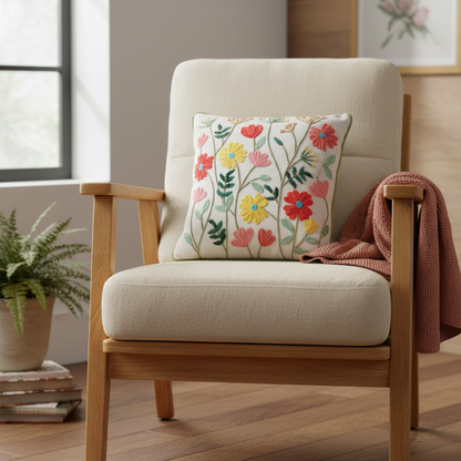 Beige armchair with a floral pillow and a plant in the background