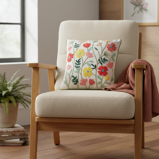 Beige armchair with a floral pillow and a plant in the background