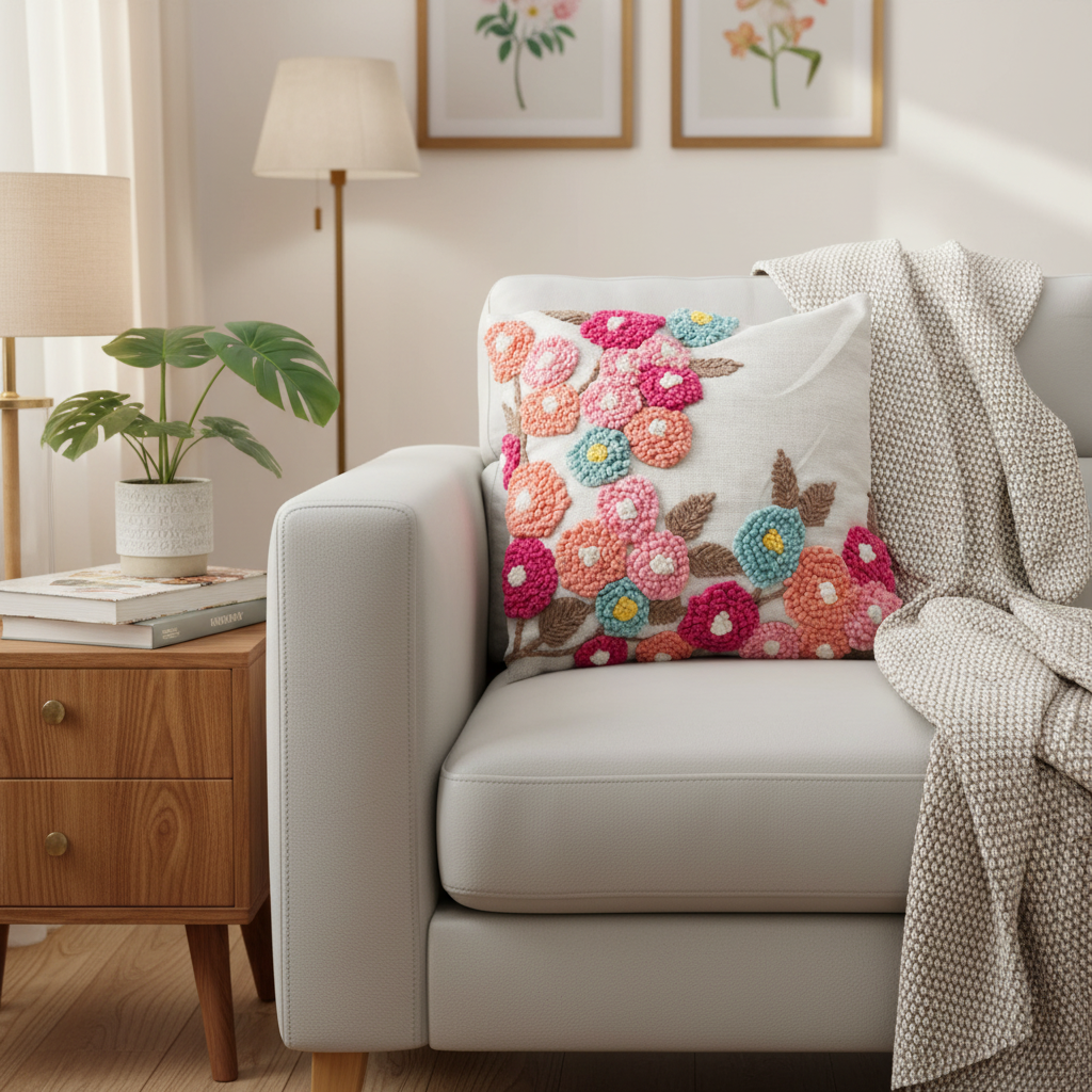 Decorative pillow with floral pattern on a couch in a living room setting.