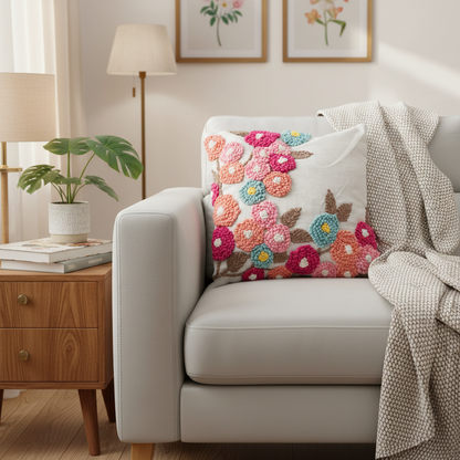 Decorative pillow with floral pattern on a couch in a living room setting.