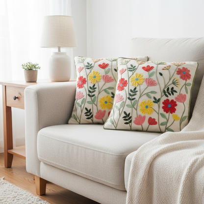 Decorative pillows with floral patterns on a beige sofa in a living room setting.