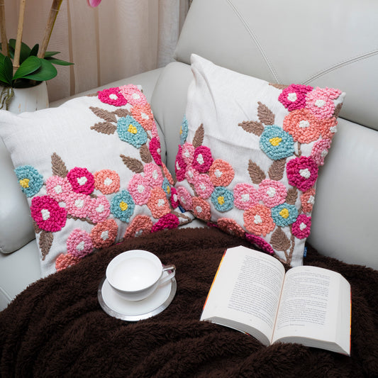 Floral Cluster Embroidered Cushion Cover