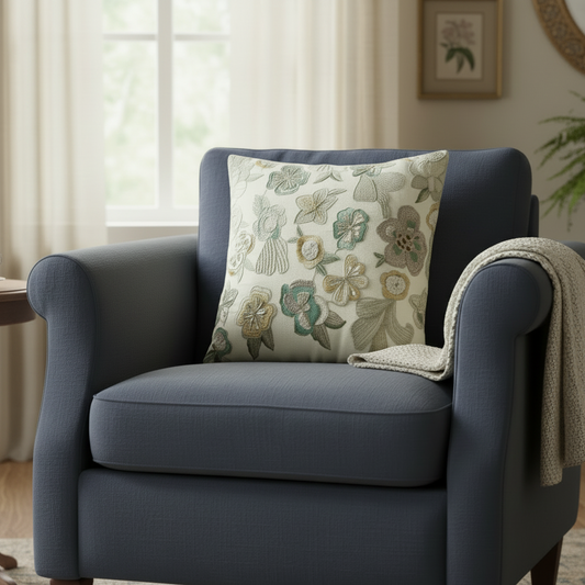 Blue armchair with a floral pillow in a cozy living room setting