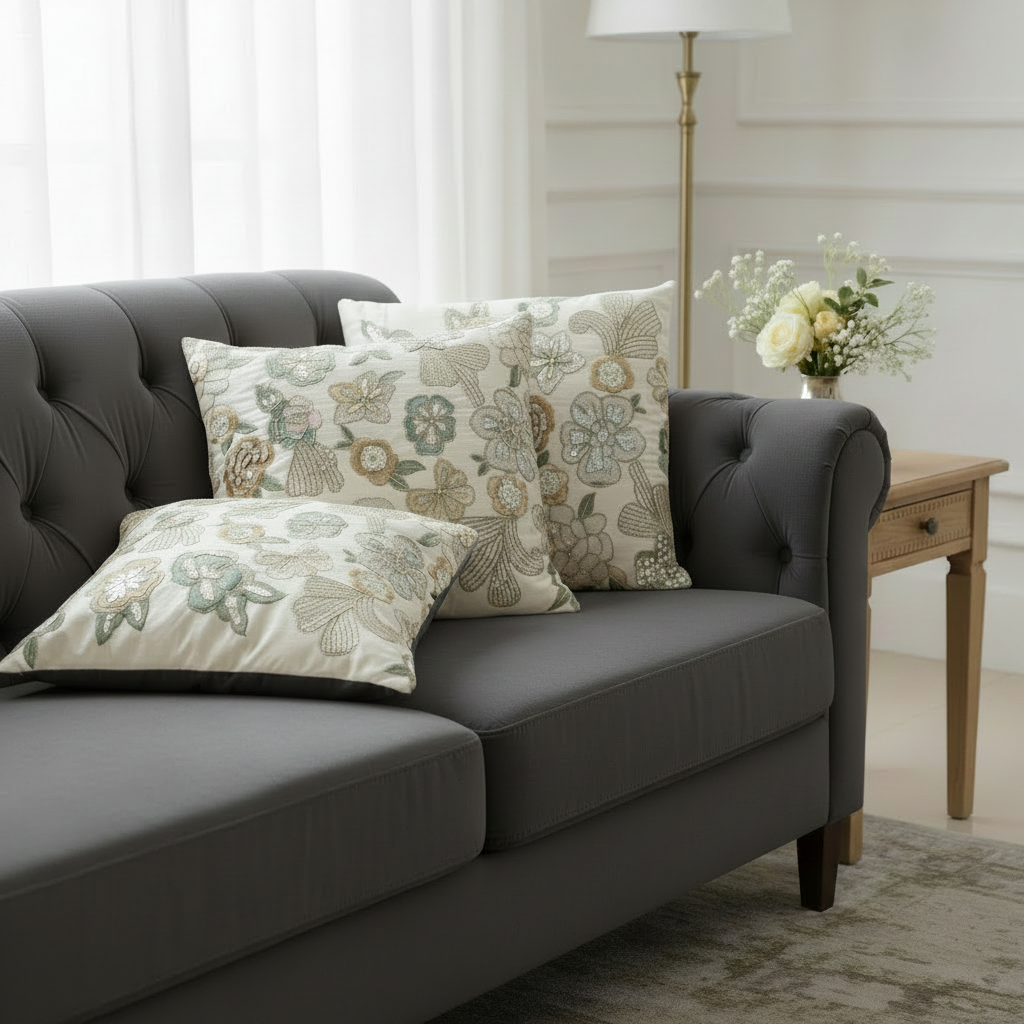 Gray sofa with floral-patterned cushions in a living room setting.