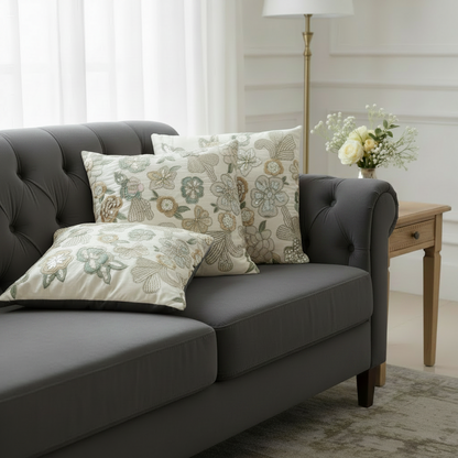 Gray sofa with floral-patterned cushions in a living room setting.