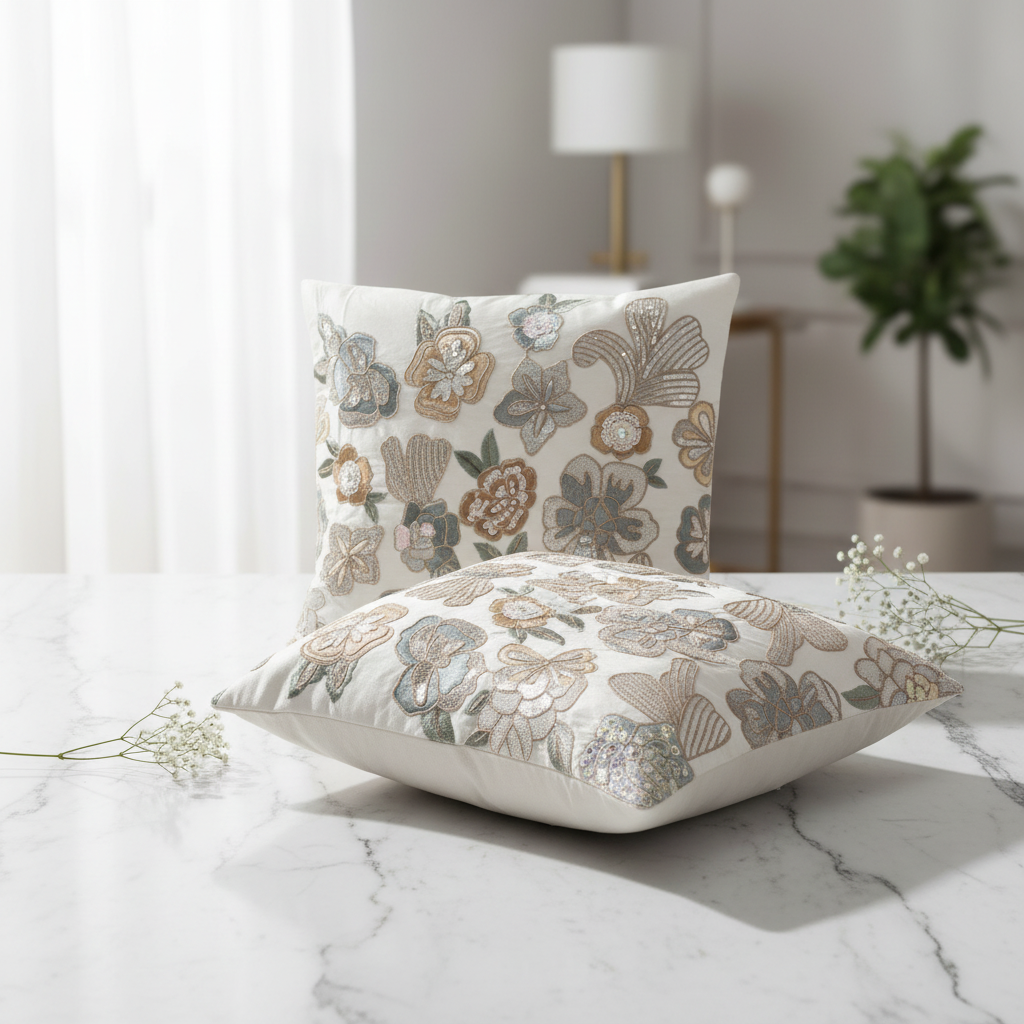 Floral patterned pillows on a marble surface with a neutral background