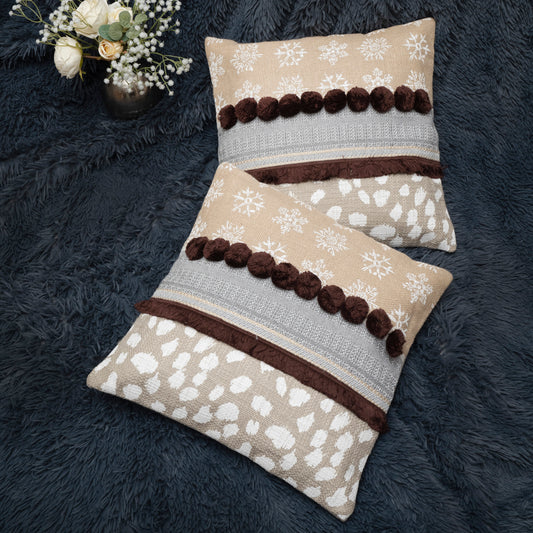 Cozy Winter Lodge Cushion Cover - Pom Pom Ruffle Border Design