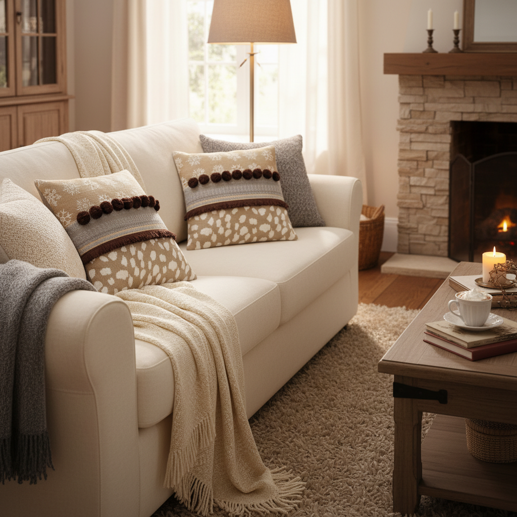 Cozy living room with a beige sofa, decorative pillows, and a fireplace.