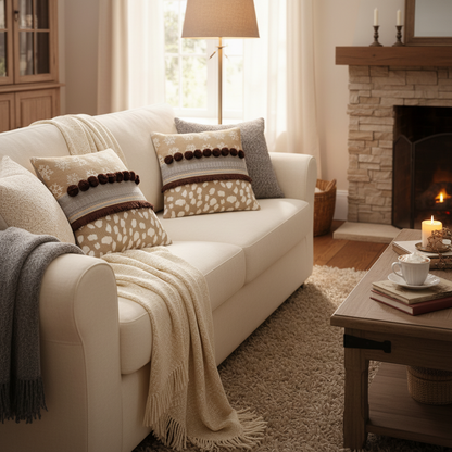 Cozy living room with a beige sofa, decorative pillows, and a fireplace.