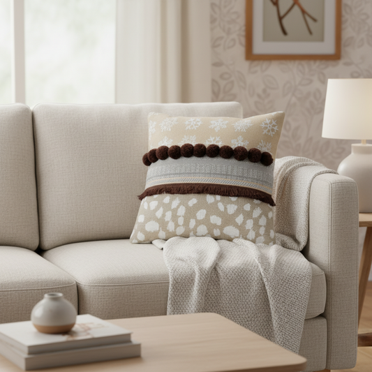 Beige sofa with decorative pillows and a blanket in a living room setting.