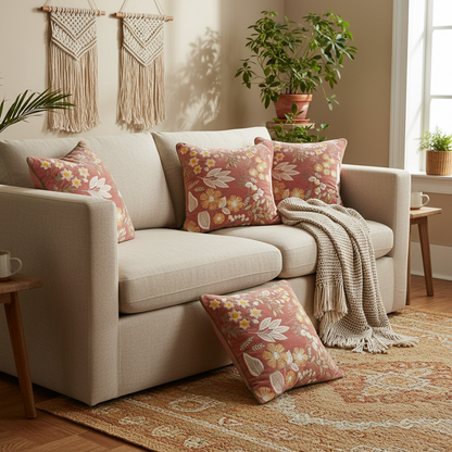 Beige sofa with floral cushions and a blanket in a living room setting.